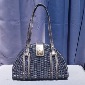 💙 Kate Spade Roslyn Blue Wicker Leather Floral Handbag Satchel Cottagecore